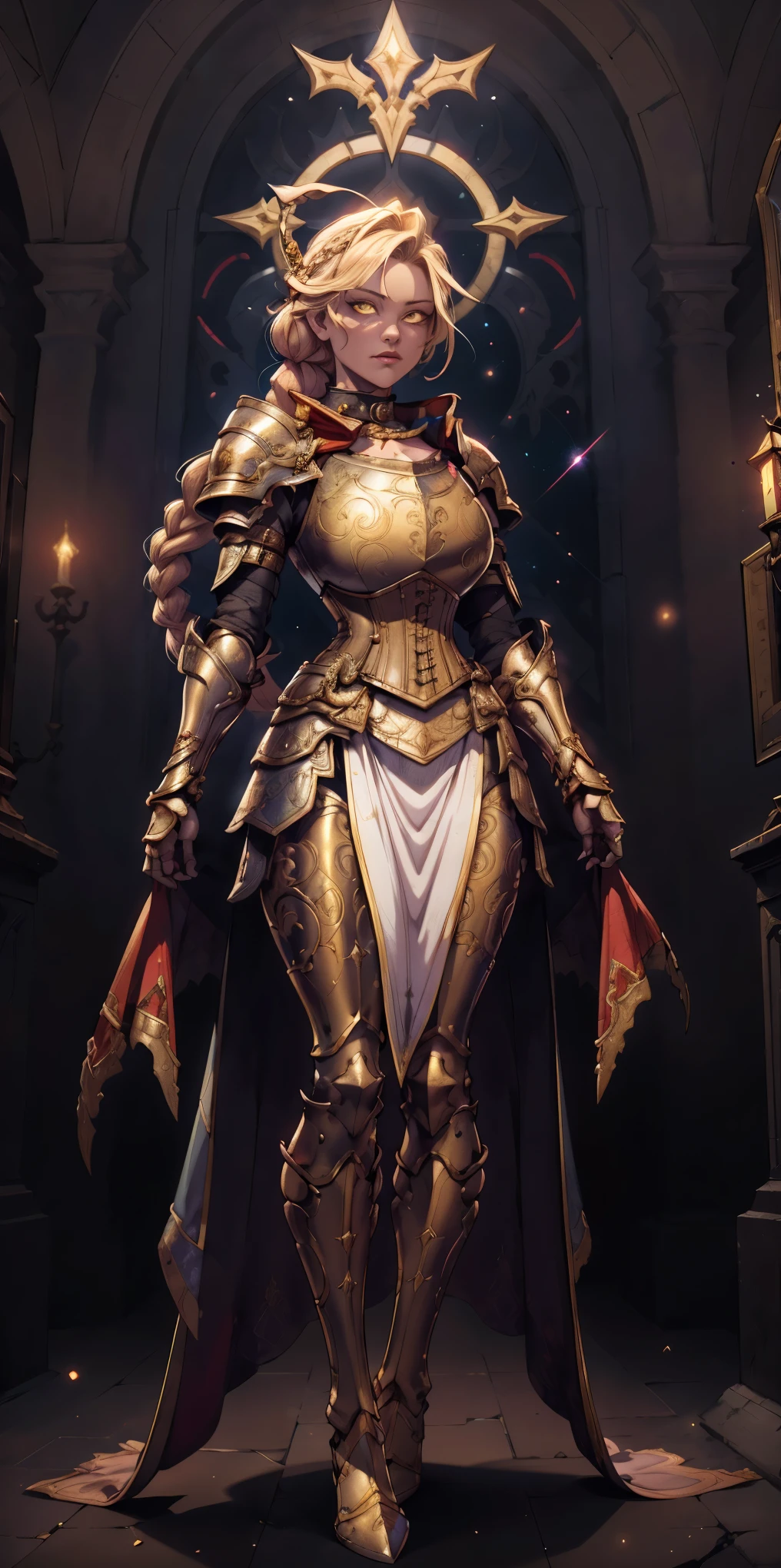 full body of paladin lady in ornate golden armor, black collar, pauldrons, breastplate, corset, glowing halo, single braid, blonde, yellow glowing eyes, bright pupils, eye focus, red cape, temple indoors, stained glass windows, night, moonlight, particles, light beam, chromatic aberration