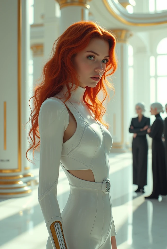 meeting with the mechanical elves overlords (([red|black] hair)), long hair, white formfitting glossy outfit,look at viewer,  (soothing tones:1.0), (hdr:1.25), (artstation:1.2), dramatic, (intricate details:1.14), (hyperrealistic 3d render:1.16), (filmic:0.55), (rutkowski:1.1), (faded:1.3)