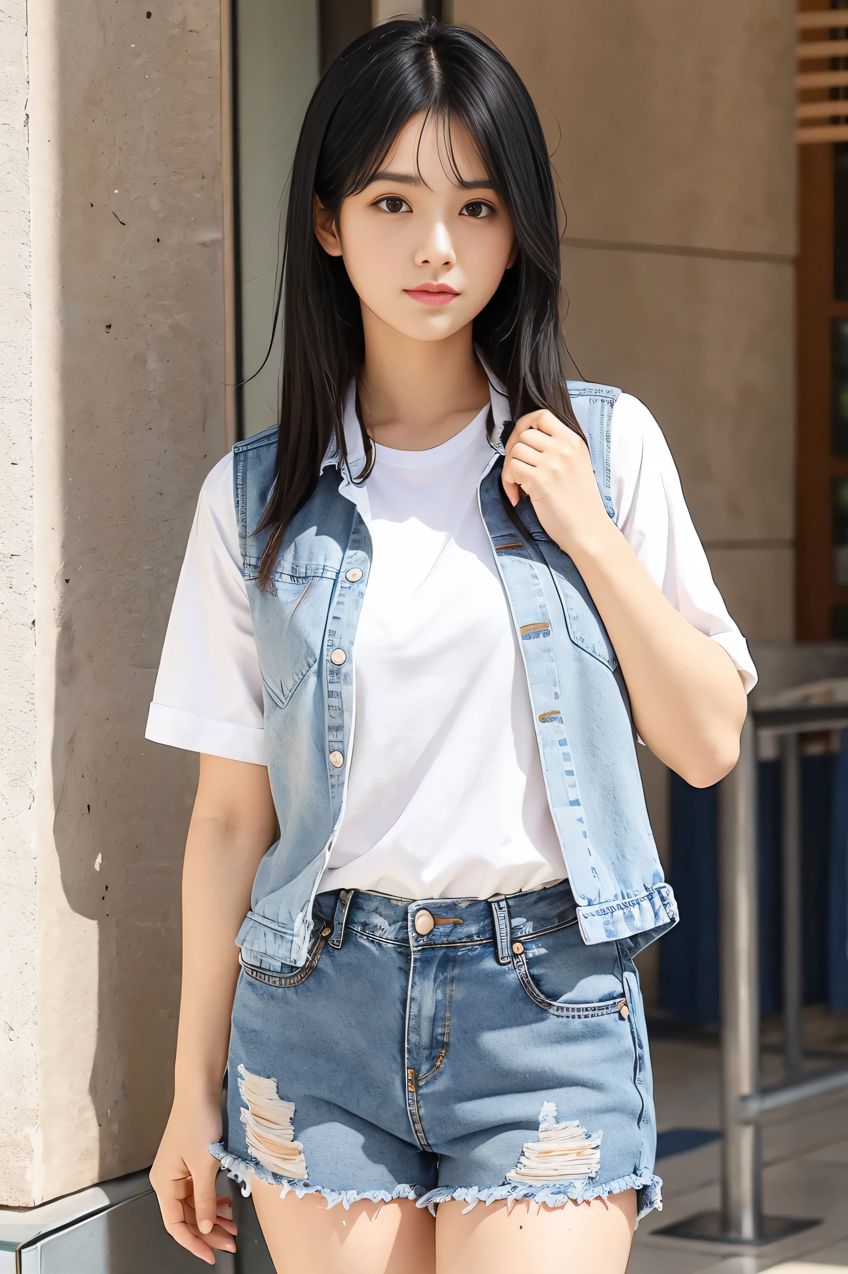 Standing, closeup, straight black hair, denim shirt, denim shorts