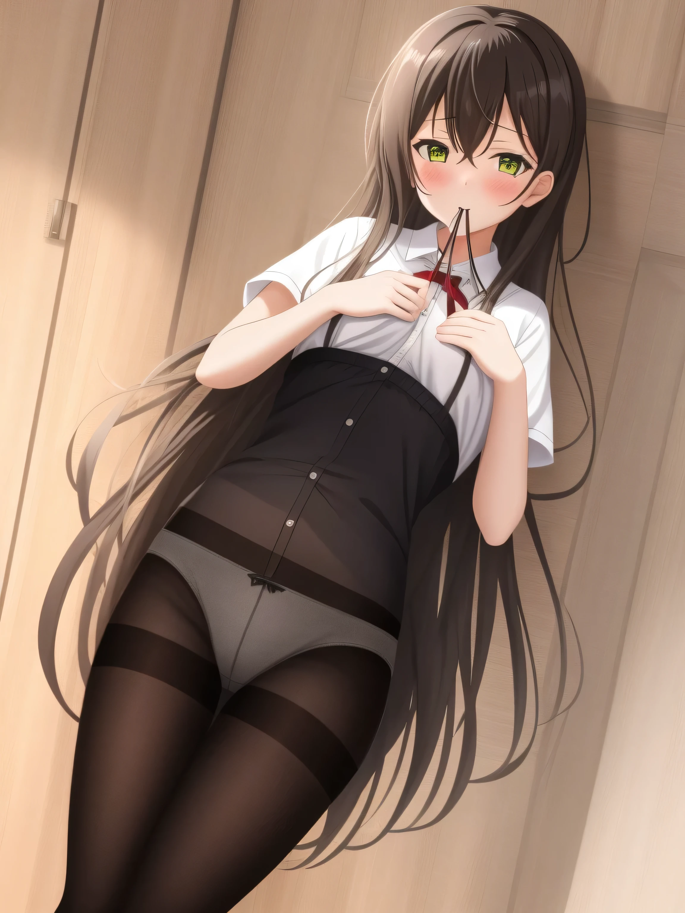 1 Girl, Solitary, underwear, Long_hair, Black hair, Pantyhose, Green_Eye, , Pantyhose_pull, blush, groin, White_, Umbilical cord, Searching for_exist_peeping exist the viewer, Panties_pull, White_Pantyhose, Mouth_catch, hair_between_Eye, lifted_go through_Let, bangs, clothing_pull, dexisted, clothing_lift, signexistures, wing, Large_Chest,