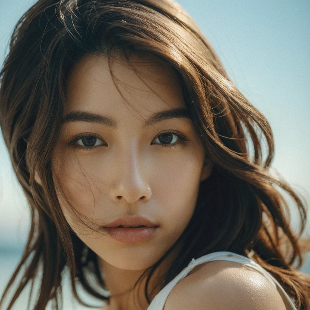 A hyper-realistic image of a single Japanese woman in her early 20s, captured with the nostalgic warmth and subtle graininess of a film camera. Her skin has a warm beige tone with a natural, slightly rough texture that includes visible pores, fine lines, and subtle imperfections such as small blemishes, adding to the authenticity of her appearance. The soft, diffused natural light enhances the film-like quality, casting gentle shadows that create a timeless, organic feel. Her straight, glossy black hair frames her face in a natural, slightly tousled manner, and her deep brown eyes reflect the ambient light, adding depth and emotion. The film camera effect introduces a slight grain and a softer focus, giving the image a warm, nostalgic atmosphere while maintaining the realistic texture of her skin. She is dressed simply, in a way that complements her natural beauty, with the overall composition designed to evoke a sense of genuine, understated elegance. The use of natural light, combined with the deliberately rougher texture of her skin and the film-like qualities, ensures that this image captures the imperfections that make her beauty truly lifelike, focusing solely on this one individual.