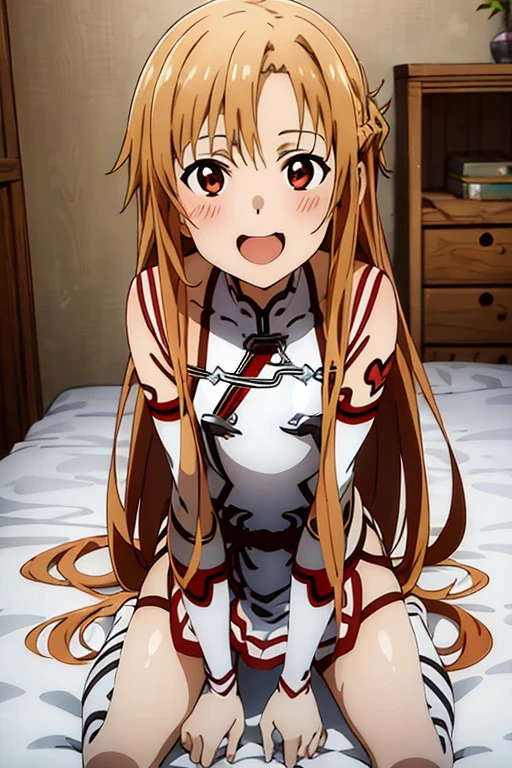 ((Best Quality)), ((masterpiece)), (be familiar with), Perfect Face, indoor, bedroom, Watching the audience,
One woman, Yuuki Asuna,
Open Mouth, Ecstatic expression, blush, smile,
Small breasts, Flat Chest, , , child, Girl,
Long Hair, Long Hair,
Leg spread,