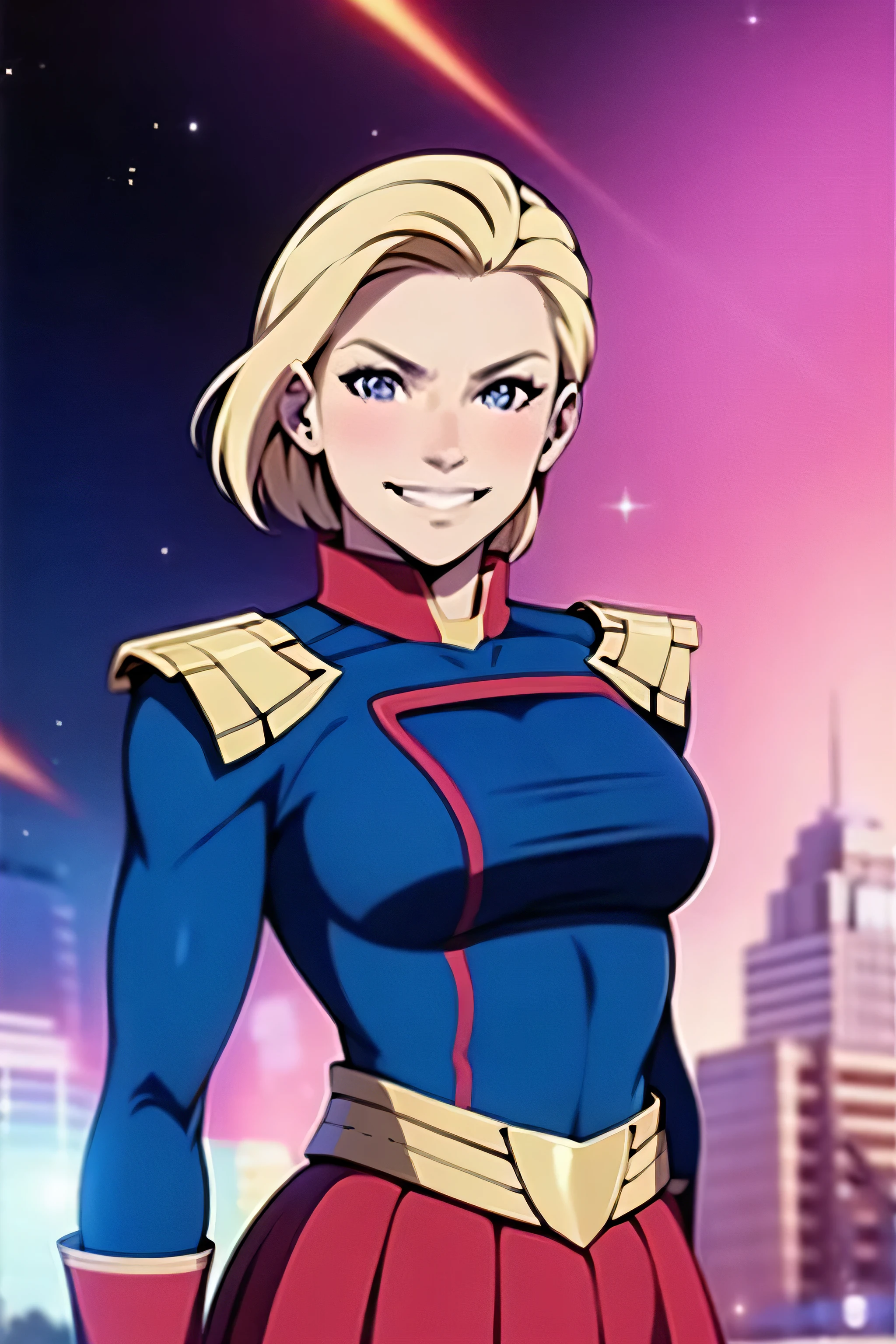  Anime style , homelander , very  short blonde hair,  smile face , medium  breasts ,hero uniform,  skirt , flying