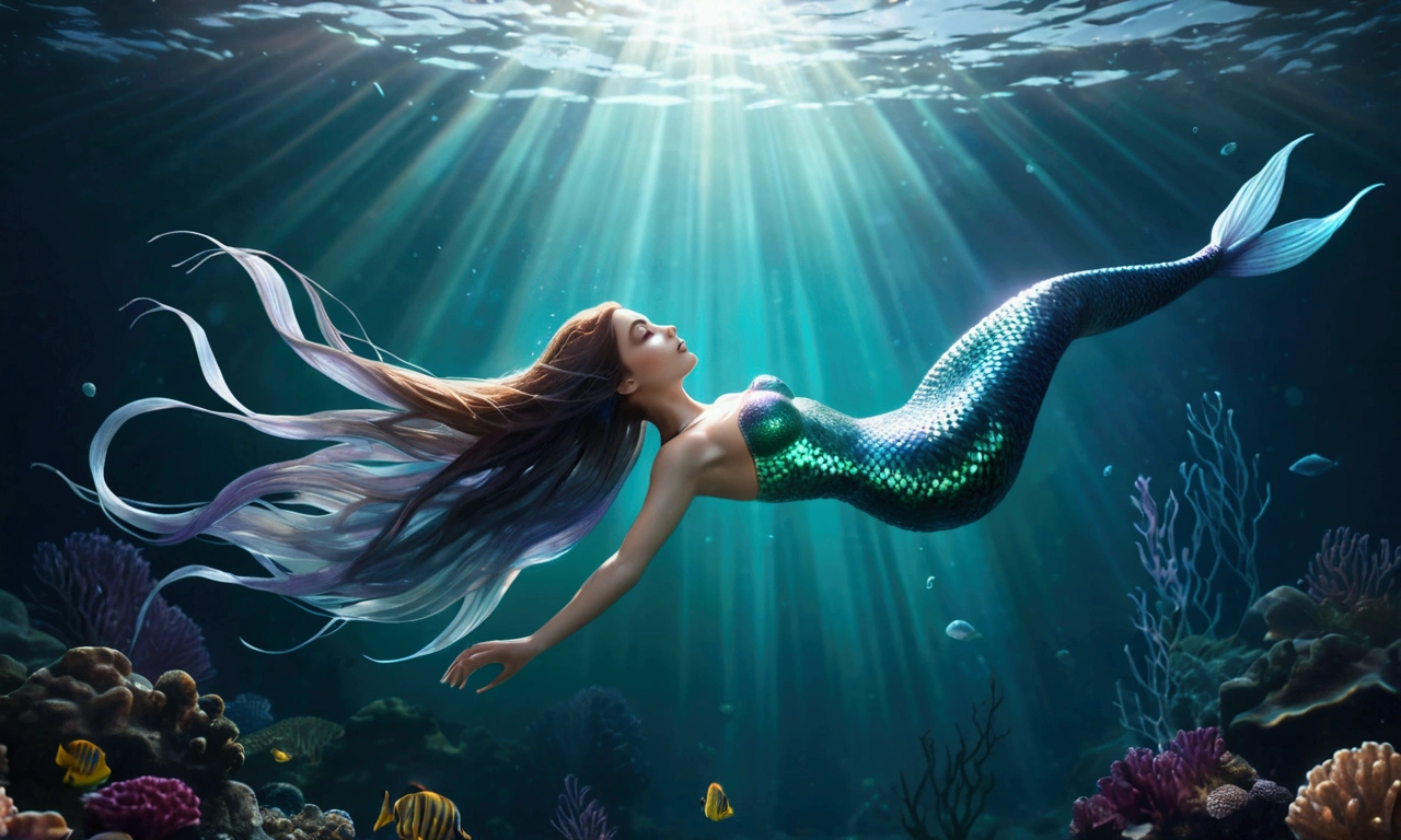 1girl, Diving, macro mermaid diving in the ocean; Epic cinematic brilliant stunning intricate meticulously detailed dramatic atmospheric maximalist digital matte painting Mark Brooks and Dan Mumford, comic book art, perfect, smooth oil painting by James Gurney trending on Artstation Unreal Engine 5 3D shading shadow depth volumetric lighting