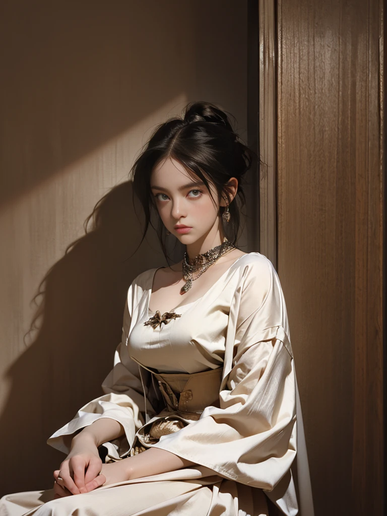 (Pure Color: 0.9), (Color: 1.1), (Masterpiece: 1,2), Top Quality, Masterpiece, High Resolution, Original, Highly Detailed Wallpaper, Beauty, Victorian, Dress, Melancholy, Big Breasts, Sepia Color, 40 years old