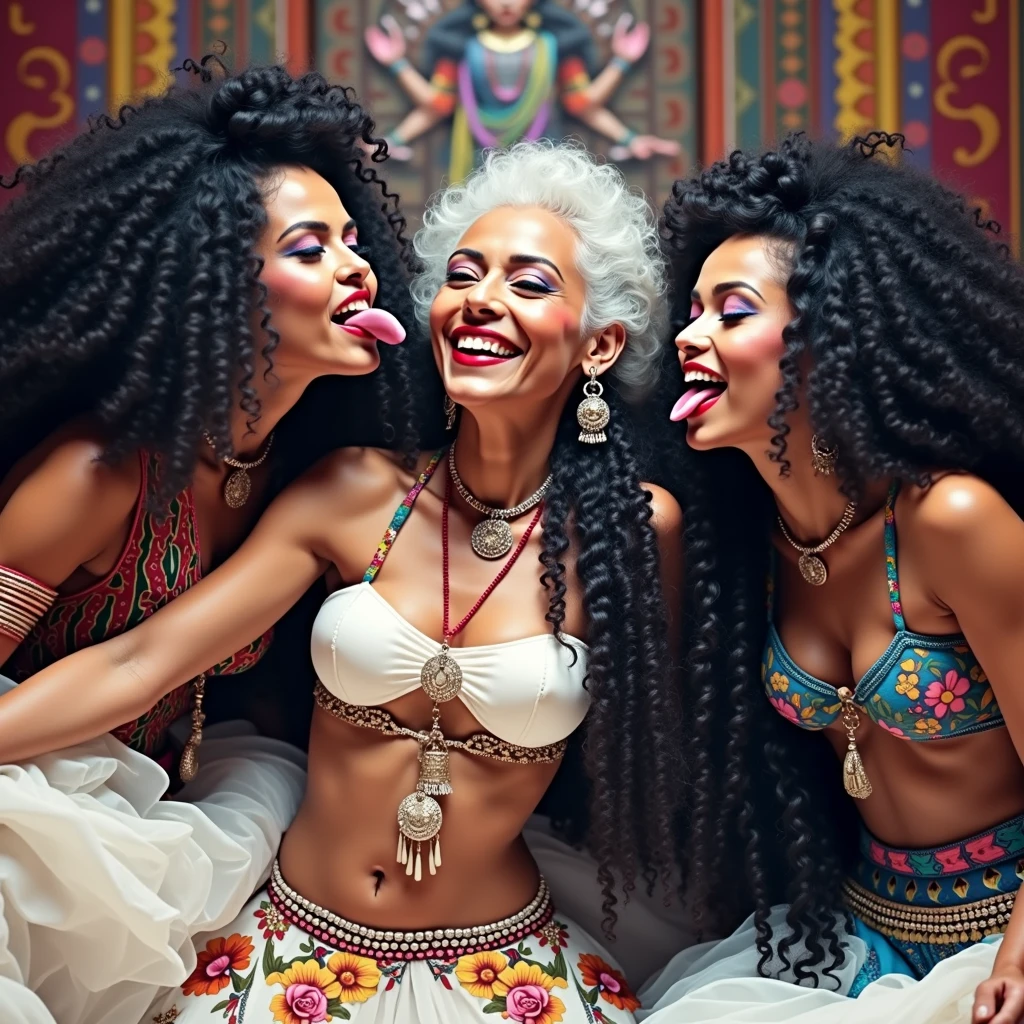 In a office,total 3 india eldery ladies dressed up as indian sadhvis involving and licking their hairs of each others wildly,all four of them,with their hairs respectively colors for the marure ladies and eldery lady hairs in as per image prompt,their long,meticulaiursly suler conrowed braided hairs shining ,red lipsstick,natural tongues pulled out,licking the eldery lady' hair by  other eldery with conrowed hairs like she is being raped excat in image,These all three ladies' faces are with showing full of sexual wildness showing out from their faces exact as in image prompt,Their eyes are fullfill with sexual wildness with ?????? scalp as per the imahe prompt,(Show me their tongues,long tongues:1.0) styled with 100000 liters hair oil,hairs like viscus oiled pulp,slick combed hair lines highly visible,{{{{Ladies wears perfect dresses in perfectt busty}}}},{{{{{NSFW}}}}},{{{{{{Hairs highly soaked}}}}}},{{{Hairs Drenched in water}}}}},{{{slick combed hair lines}}}},{{{{Hairlines reflecting shinning like mirrors with water}},{{{{{Showcase full bodies perfect figures}}}}},{{{{{High resolution perfecr color grading}}}}}},{{{Perfect conrowed on all three ladies exactly in image prompt}}}}}}},((((((Generate ethnicity as indian sexy build ladies))))))),((((((Generate wildness poses where shows the wildness maturity of the sexually wildness and extremly extremly wildness in to hair licking by their tongues exatly as image prompt if someone sees this should get errected)))),