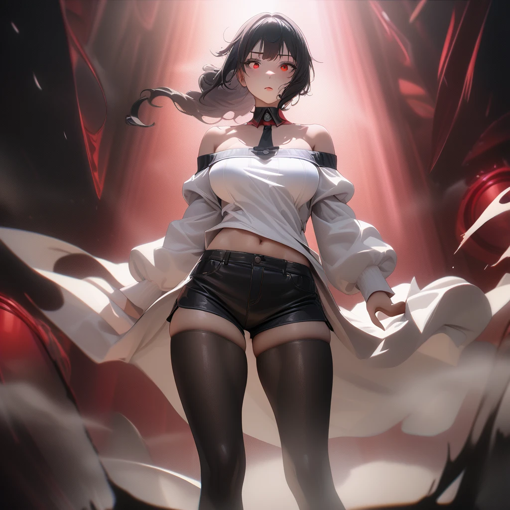 1girl, yumeko jabami, kakegurui, aroused expression, long black hair, red eyes, (perfect face), (detailed eyes), (cinematic:1.2), (best quality), (ultra detailed), (cimematic lighting), hourglass figure, well formed breasts, newest, (very aesthetic), (absurdres), provocative demeanor, hyperrealistic, highly detailed, cinematic lighting, stunningly beautiful, intricate, sharp focus, f/1. 8, 85mm, (centered image composition), (professionally color graded), ((bright soft diffused light)), volumetric fog,  HDR 4K, 8K, developed obliques, off-shoulder white sweatshirt,  black tights, full body shot, shorts