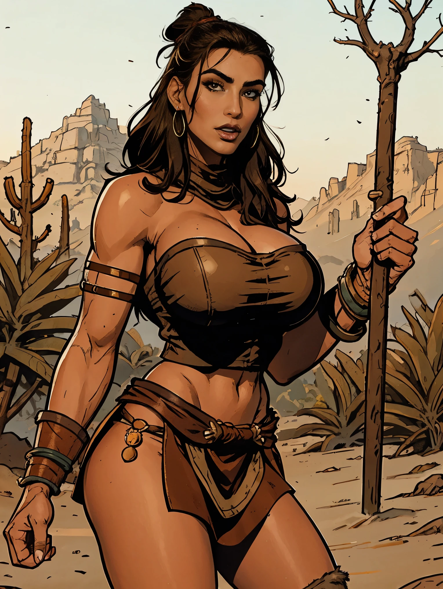 (masterpiece, top quality, best quality, official art, beautiful and aesthetic:1.2), (1girl:1.3), dark brown hair pulled back, topknot, braids, extremely detailed, portrait, looking at viewer, solo, (full body:0.6), detailed background, close up, facepaint, tribal tattoos, (warm summer Africa theme:1.1), view from below, seven feet tall, buff and busty giant barbarian queen, elegant face, long face, charlatan, smirk, mysterious, walking in savannah, revealing tribal attire, bare midriff, brown leather, fur lined clothes, long boots, buckles, straps, pouches, axes, tan fabric, brown leather, ((((gigantic breasts, skindentation, cleavage, stretching, flexing)))), (flexing muscles, muscular), strong, cute belly button, toned tummy, slim waist, slim hips, long legs, muscular legs, (savannah exterior:1.1) background, dark mysterious lighting, shadows, magical atmosphere, dutch angle