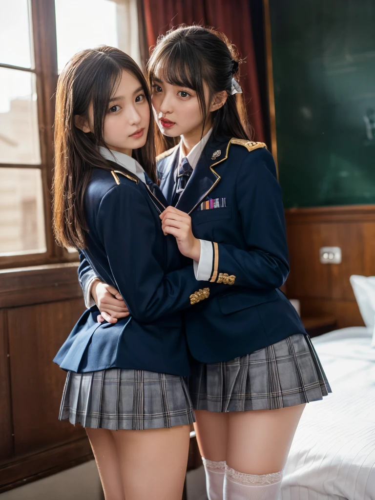 nsfw,Clevis、(8k, RAW Photos, Best Quality, masterpiece:1.2), Convener, Best Quality, figure, Very detailed, Delicate details, High resolution, 8k,wallpaper, Perfect dynamic composition,(Detailed high quality, Realistic depiction of eyes:1.3), ((2 girls, Two female students)), The background is a luxury hotel room、Schoolgirl uniform、blazer 、Super short check uniform skirt、Navy blue knee-high socks、Garter belt、huge 、Disturbed Uniforms, Play with each other,Touching each other&#39;s bodies,Touching the girl next door, Short Bob Hair, Black Hair, hugeな胸, Big Natural Color Lip, Bold sexy pose, (Perfect figure), Crying a little、Cold Stare, Listen to Beautiful Makeup,Sparkly Makeup,Cute 1、 Beautiful legs, Gravure idol pose, Voluptuous thighs