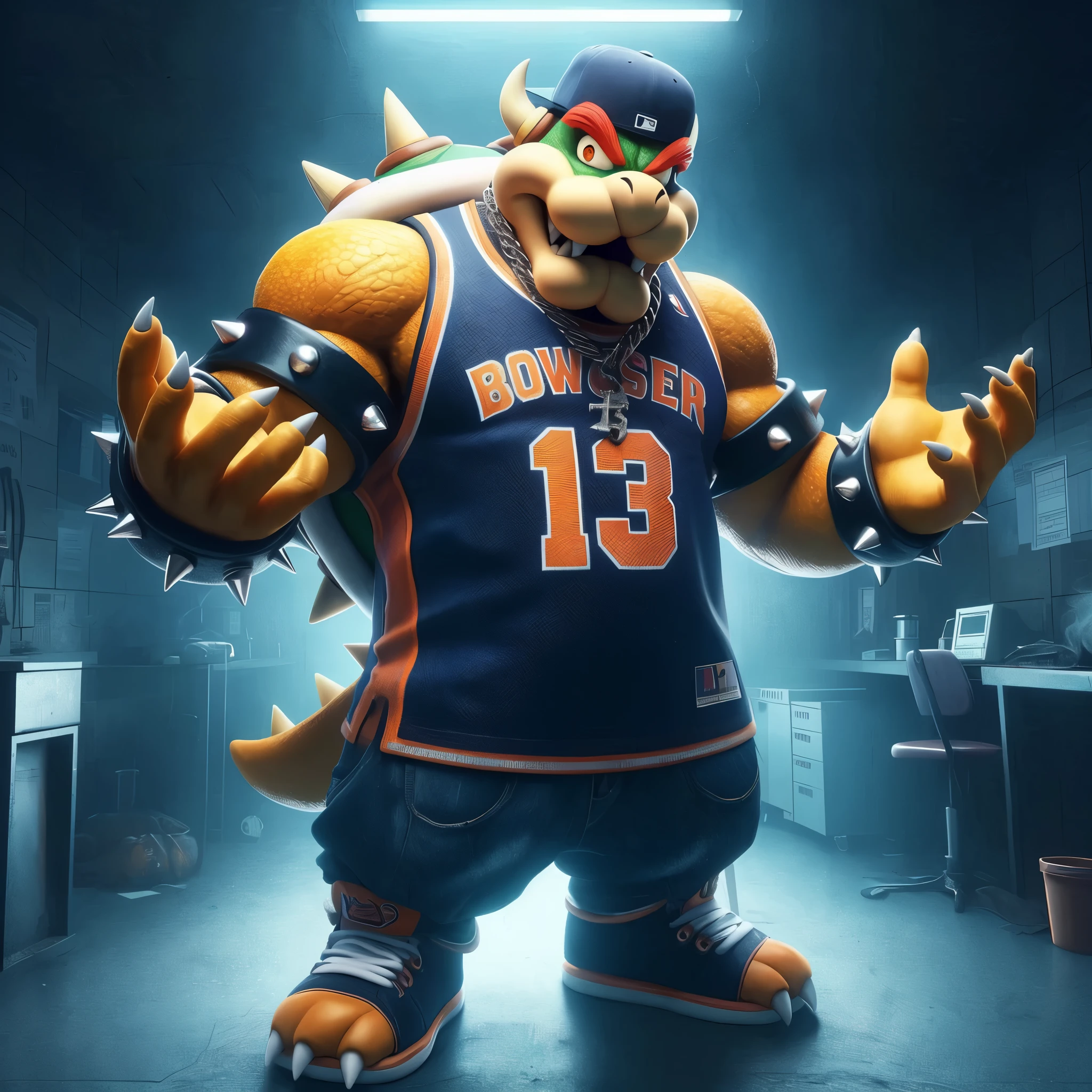 A muscular Bowser Koopa dressed in rap/hip-hop streetwear in a very dark lab. Bowser (clothes(wears an oversized basketball jersey with navy blue and orange colors with the number 13 and a snapback cap and baggy jeans shorts). .Style: Urban, Scalie, terror. High-quality image with tags: Bowser, Koopa, yellow eyes, evil look, hip-hop, streetwear, terror.
bowser, detailed bowser, 4k, high resolution, best quality, posted on e621, solo, male, masculine, pectorals, heavyweight, (white background, no background:1.1), (wfa style, meesh style:1.0), bowser anatomy, (detailed face, detailed eyes:1.0), (flat colors, cel shaded, cartoony shading:1.2), cartoony proportions, shiny skin, full body, short legs