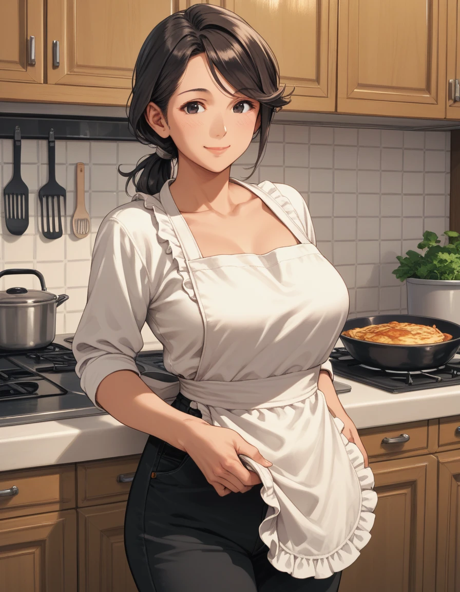 elegant,Mature female,Japanese,tareme,medium hair,low ponytail,swept bangs,black eyes,busty,white shirt,apron,black pants,light smile,kitchen