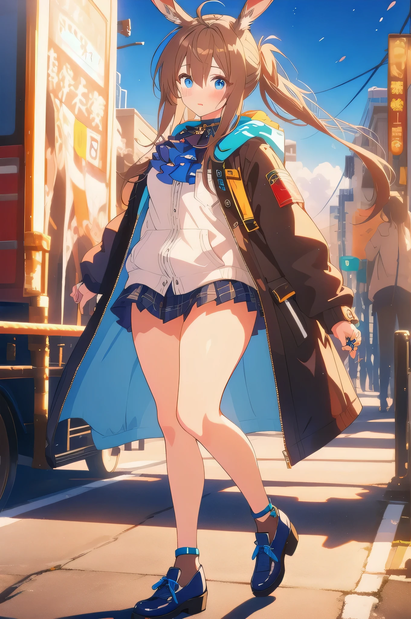 16K,Top-quality,Masterpiece,Very aesthetic,Absurdres,High resolution,
Cinematic,Dynamic angle,Dynamic pose,Full body,Standing,
Amiya \(Arknights\),Arknights,
Animal ears,Rabbit ears,
Brown hair,Long hair,Ponytail,Long sideburns,Bangs,
Blue eyes,Hair between eyes,
Plump,Thick thighs,Plump ass,
Black jacket,Multicolored clothes,Two-tone jacket,Open buttoned jacket,Blue collar,Blue ascot,Pocket,Hooded jacket,Long sleeves,Puff sleeves,White shirt,Striped shirt,Vertical stripes,Plaid skirt,Pleated miniskirt,Dark blue skirt,Brown pantyhose,Brown tights,Thighlet,Dark blue shoes,Blue footwear,Multiple rings,Thumb ring,Anklet,Jewelry,
Blush,Looking at viewer, 
Outdoor,Night city