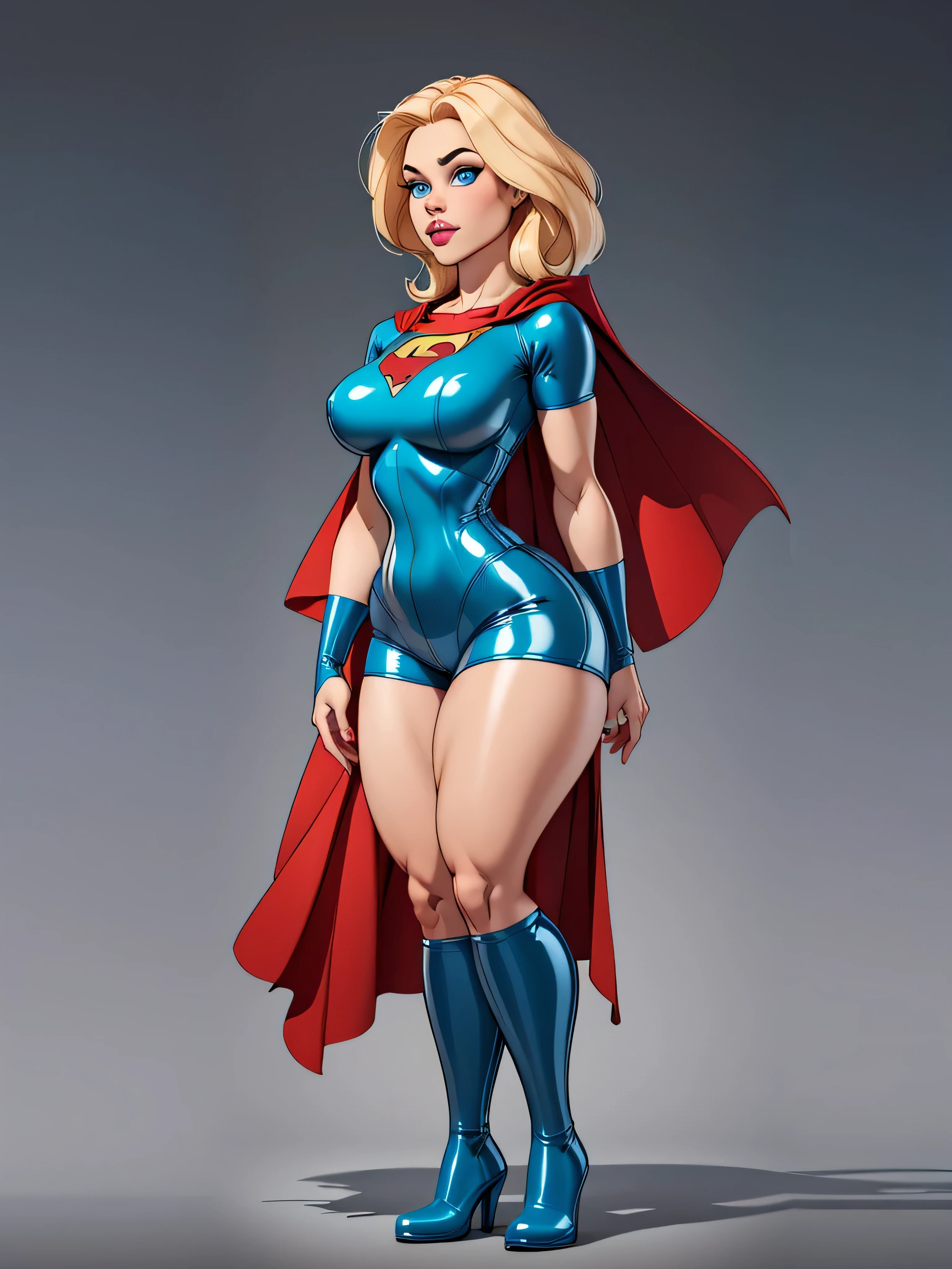 Girl with blonde hair, blue eyes, wearing A light blue latex shirt, wearing a light blue tight latex shorts, thick, a red boot and cape