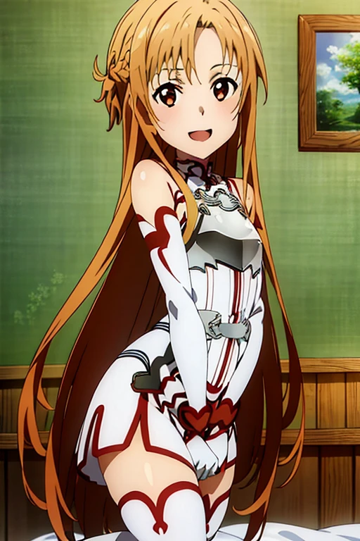 ((Best Quality)), ((masterpiece)), (be familiar with), Perfect Face, indoor, bedroom, Watching the audience,
One woman, Yuuki Asuna,
Open Mouth, Ecstatic expression, blush, smile,
Small breasts, Flat Chest, , , child, Girl,
Long Hair, Long Hair,
Leg spread,