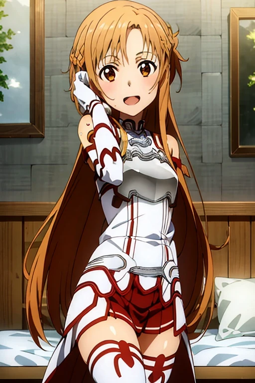 ((Best Quality)), ((masterpiece)), (be familiar with), Perfect Face, indoor, bedroom, Watching the audience,
One woman, Yuuki Asuna,
Open Mouth, Ecstatic expression, blush, smile,
Small breasts, Flat Chest, , , child, Girl,
Long Hair, Long Hair,
Leg spread,