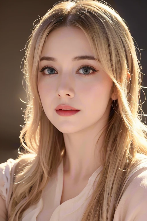 A beautiful blonde adult woman with a soft face, perfect brown eyes, detailed face, long eyelashes, wearing modest clothes, elegant silk flower background, cinematic photorealistic lighting, dramatic night scene, (best quality,4k,8k,highres,masterpiece:1.2),ultra-detailed,(realistic,photorealistic,photo-realistic:1.37),cinematic,dramatic,moody,warm light