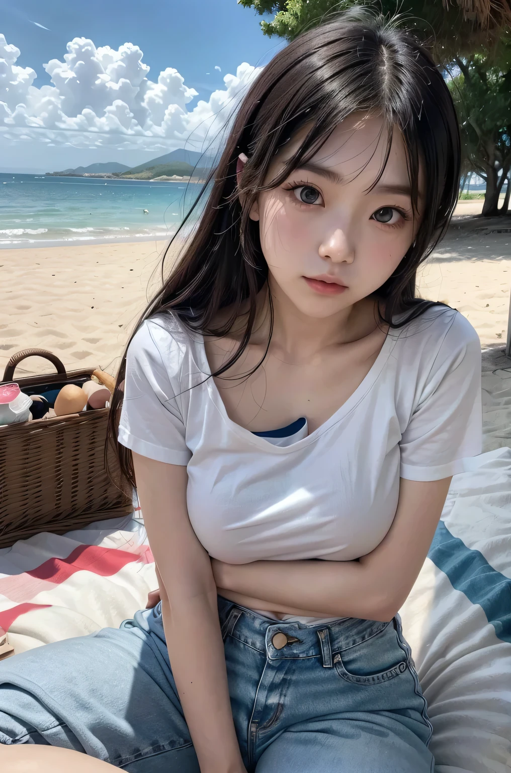 (at beach, 1 girl, small breasts, medium long hair, white T-shirts, wearing denim miniskirt and white panties, camel toe, Spread legs, squatting:1.5), fair-skinned, glossy lips, skinny, body type, delicate and sexy clavicle, highest quality, RAW photo, realistic, face, incredibly ridiculous beautiful girl, cute, Depth of bounds written, High resolution, ultra detail, detailed, Very detailed, extremely detailed eye and face, sharp pupils, sharp focus, cinematic lighting