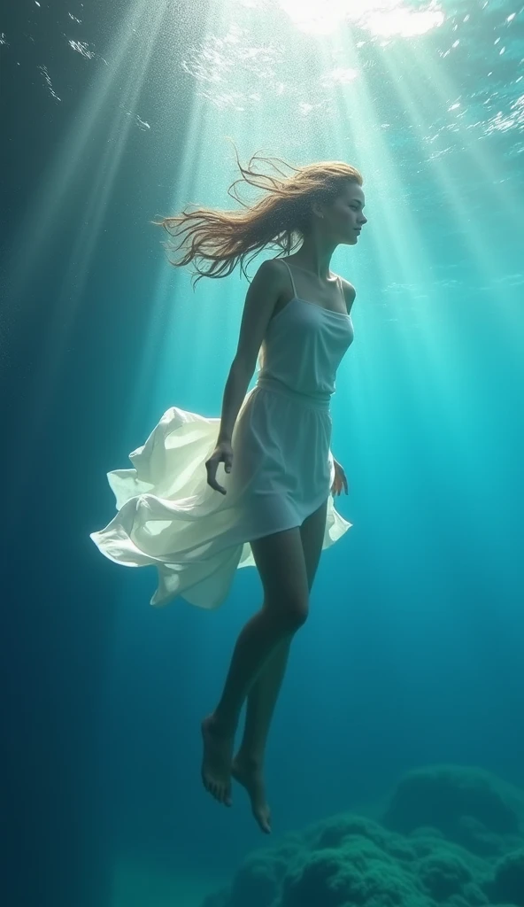wide shot, (solo:1.3), dramatic angle, (underwater:1.2), masterpiece, best quality, intricate detail, 1girl, swimming, , (long hair:1.2), solo, expressionless, blue eyes, looking_up, shoulder strap dress, floating hair, floating clothes, god rays, bubble, barefoot, (full body:1.2), outstretched arm, , perfect hands,
