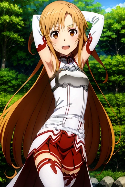 ((Best Quality)), ((masterpiece)), (be familiar with), Perfect Face, indoor, bedroom, Watching the audience,
One woman, Yuuki Asuna,
Open Mouth, Ecstatic expression, blush, smile,
Small breasts, Flat Chest, , , , Girl,
Long Hair, Long Hair,
Leg spread,