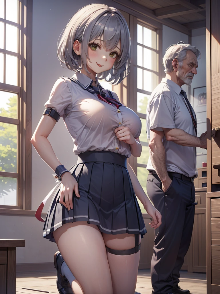 ((Best Quality)), ((masterpiece)), (detailed), One person,Age 25,uniform,student,(mini skirt),(Please open the buttons on your shirt),Shoulder Bare,Red cheeks,Underbust,(I can see your chest),(Excited expression),(Seduce),night,circuit,Dim lighting,(暗いnightの背景),(Dimly lit changing room),(Dirty changing room),Take a closer look,sexy,Side view,Obese older people,(Standing old man),(Woman kneeling in front of an old man),(Old man showing his penis in front of a woman),(Woman sticking tongue out at penis),sweat,(Black garter belt),Short Hair,