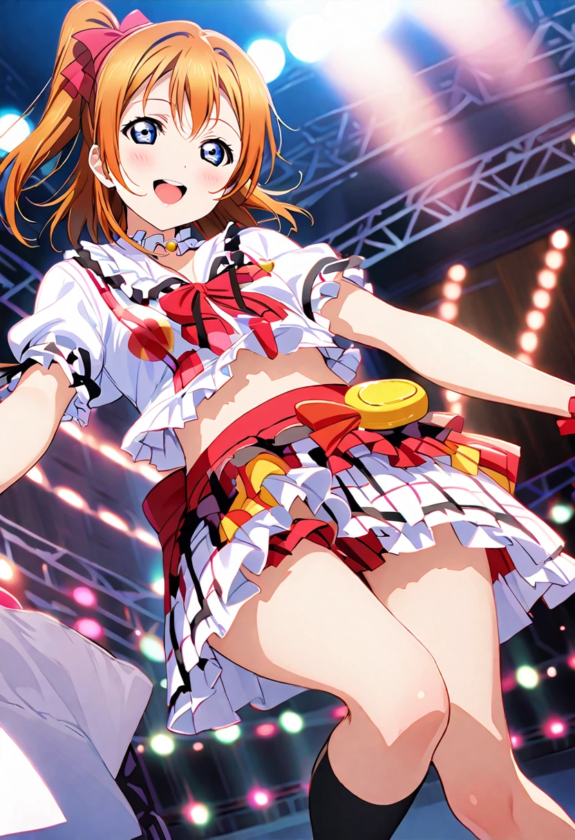 (((Pixel Perfect, Perfect detail))), (((Underskirt angle view, I can see the brief,))), Alone, Solo Girl, Honoka Kosaka, 1, (((costume bokura wa ima no naka de,))), Viewer Perspective, smile, blush, m's, Love Live!! ,stage, sing, (White brief:1.3), (Cotton brief: 1.3), (詳細でPerfect detailのbrief:1.2), (frill brief: 1.3), (Flip-up skirt:1.5), (blue eyes, Detailed Shadows, Detailed face, Orange Hair, One-sided ponytail, Short Hair), ((Both legs: Thigh-length black socks with pink frills on the top:1.3)), (Black boots),(from below:1.2),