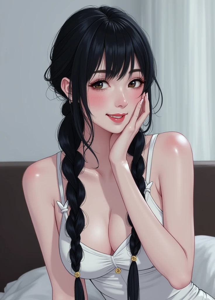 Photorealistic 8K render, extremely detailed and intricate, masterful anatomy study, perfect face and body symmetry, cinematic lighting
A stunningly beautiful 18 year old Japanese woman with delicate facial features, porcelain skin and a slender, toned figure. She has long silky black hair that flows over her shoulders. Her expression is gentle yet alluring, with full lips hinting at a subtle smile. She is wearing a silk robe that is slightly parted, revealing a glimpse of her flawless skin underneath. The lighting is soft and warm, accentuating her facial features and the curves of her body. The background is an elegant, blurred bedroom setting.
