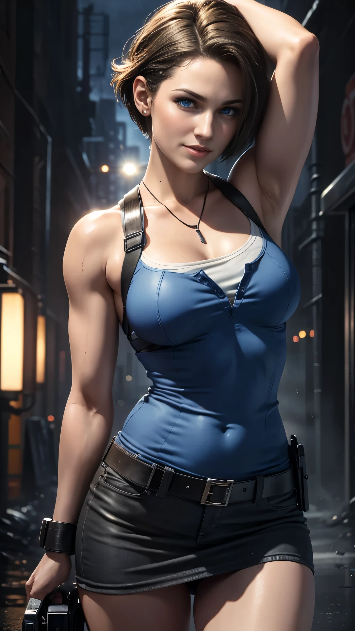 Jill Valentine da resident evil,(best qualityer,4K,8k,high resolution,work of art:1.2)(weather: rain), back alley background, city ruins, short curly hair, brown hair, blue strapless leotard, tight black mini skirt, brown boots, harness, police gear, stretching out pose, ultra detailed,portrait,realistic,beautiful detailed blue eyes, beautiful detailed lips,extremely detailed eye and face, long eyelashes,average, medium breasts,flying hair,beaming smile, sexy smile,powerful girl, bright coloured, dramatic lighting, dirty clothes,