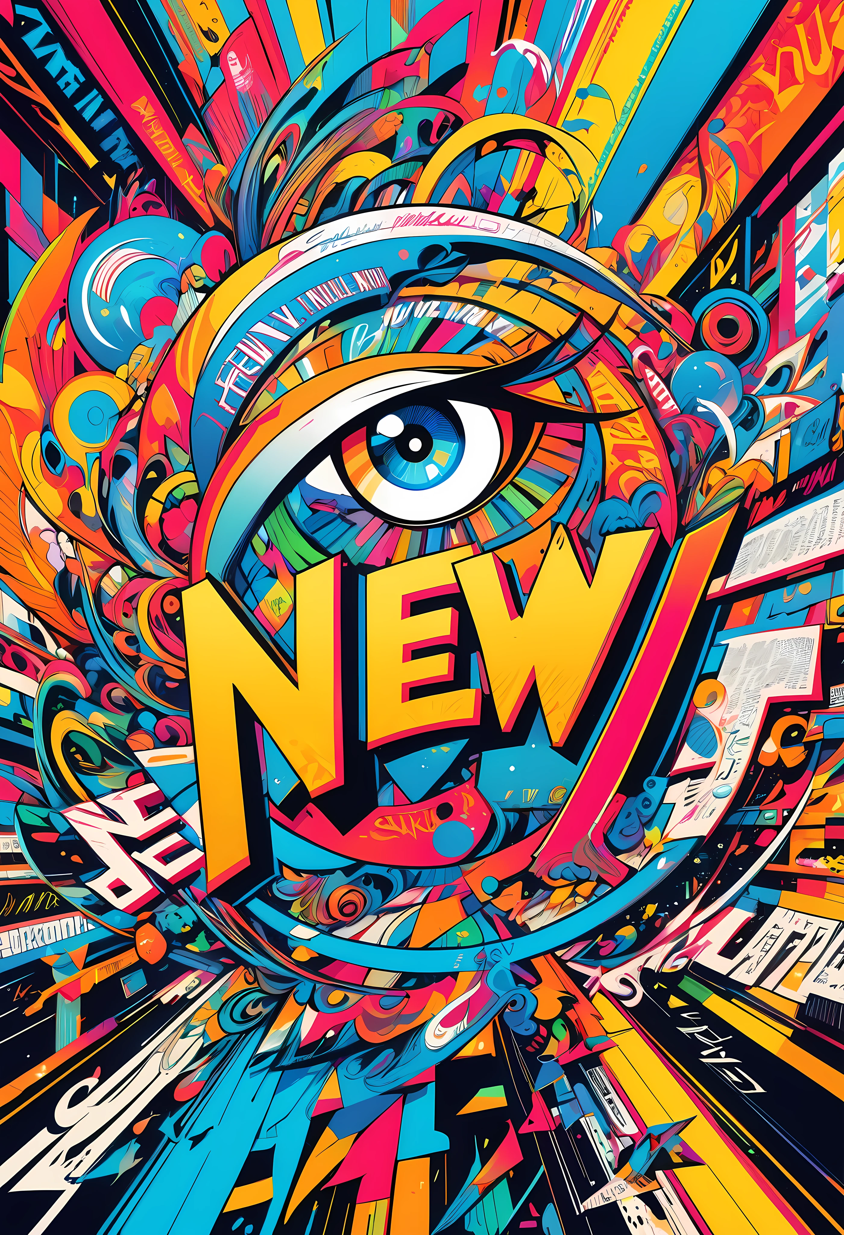 a highly detailed and vibrant calligraphic artwork, text that says "New" in a bold, eye-catching color at the center, extremely detailed and precise lettering, dynamic and artistic style, cool and beautiful aesthetic, experimental contemporary art