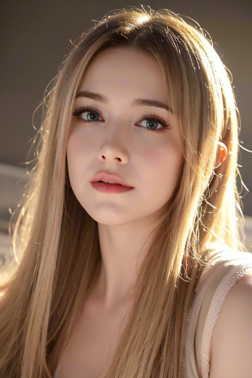 A beautiful blonde young woman with a soft face and a mean expression, perfect brown eyes, detailed face, long eyelashes, wearing modest clothes, elegant silk flower background, cinematic photorealistic lighting, dramatic night scene, (best quality,4k,8k,highres,masterpiece:1.2),ultra-detailed,(realistic,photorealistic,photo-realistic:1.37),cinematic,dramatic,moody,warm light