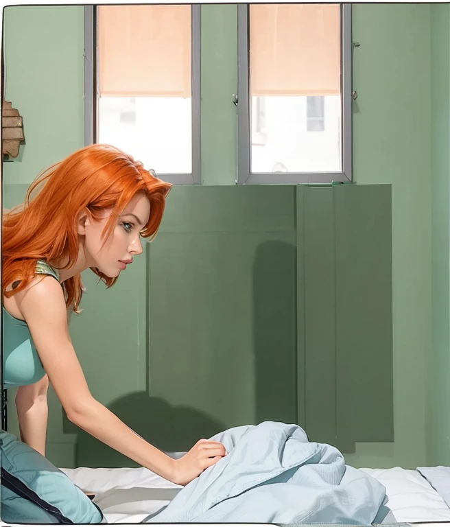 (best quality, masterpiece:1.2) 1girl woman in her 30 years, orange hair, side view, from side, hawkgirl as isabela merced, green eyes, realistic, makeup, wearing blue crop top, metal bedroom background with green walls and windows and white bed sheets