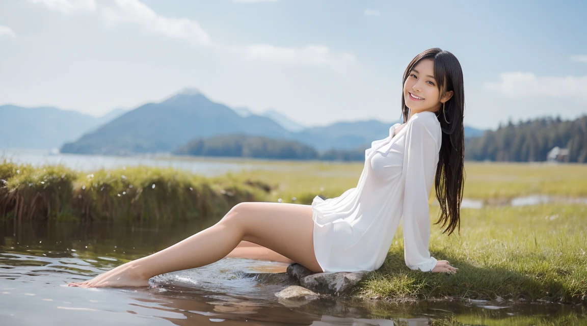 (Best picture quality),((One woman)),( Japanese woman):1.8,(Young body not fully matured):2.7,(On a stage just below the surface of the water, built on a lake):2.8,(She wears only a small, wet, transparent white blouse):2.5,(stark naked):1.2,(thighs spread wide in obscene pose):2.8,(soaking wet from rain):2.5,open_stance,((big breasts)):1.2,cleavage,(Full Body Photo):1.9,8k,RAW Photo,Top Quality,Masterpiece,realistic,Photorealism:1.37,Erotic,Sexy,highres,Physics-based Rendering,cinematographic lighting,raw photo,realistic photo,(sharp focus):1.2,(Full Length Image):1.9,(Full Length View):1.9,(Beautiful Woman in perfect style):1.3,(Beautiful Legs):1.3,One Person,Slender:1.2,(Very long flowing dark hair):1.6,(Smiling slightly):1.4,(Very detailed face and skin texture):1.2,(Long dark hair):1.7,(wet hair):2.5,Light on face,(Front view):1.4,(full body portrait):1.8,(between_legs:1.5),barefoot,(toe-point:1.2),(folded:1.4),spread legs,Beautiful lake in the background,