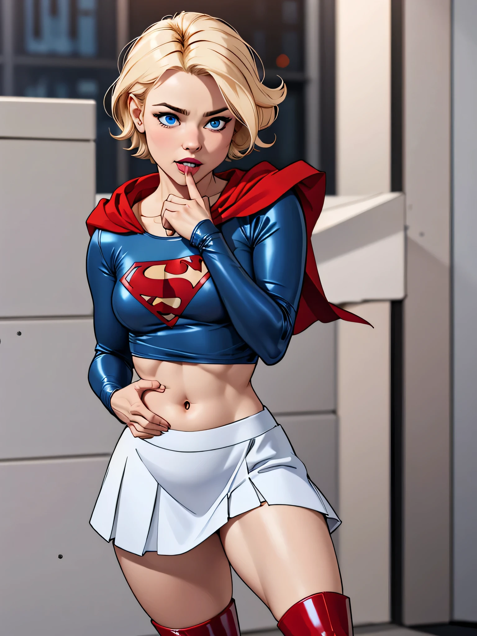 Blonde girl with short hair, blue eyes, wearing A pale blue latex long sleeve shirt showing belly, wearing a short white skirt and a A short red cape and red boots