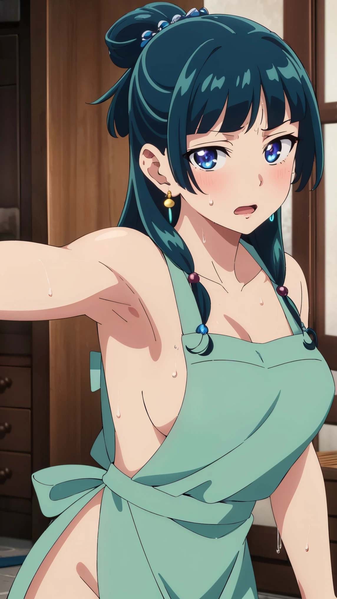 Top quality (8k, high resolution, masterpiece: 1.2), super detailed, anime art style, dynamic angle, teen style, (camisole, pants, earrings, indoor), detailed green hair, detailed blue eyes, intricate hairstyle, long hair , slim body, sparkling eyes, youthful, hair accessories, earrings, half-updo, slightly dull bangs, detailed lighting, bright colors, looking at the viewer, in the center of the image, cowboy shot,