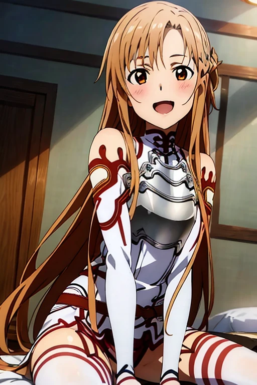 ((Best Quality)), ((masterpiece)), (be familiar with), Perfect Face, indoor, bedroom, Watching the audience,
One woman, Yuuki Asuna,
Open Mouth, Ecstatic expression, blush, smile,
Small breasts, Flat Chest, , , , Girl,
Long Hair, Long Hair,
Leg spread,