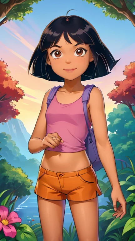 (1girl, solo, highly insanely detailed, masterpiece, top quality, best quality, highres, 4k, 8k, RAW photo),((innocent look)),((Childish)),From the front, symmetrical composition,smile,cute,Innocent,Kind eyes,Flat chest, upper body, (Totally Spies style), (digital art), forest, solo, dora,  brown eyes, dark-skinned female, (tan), bob cut, pink shirt, orange shorts, bracelet, backpack,