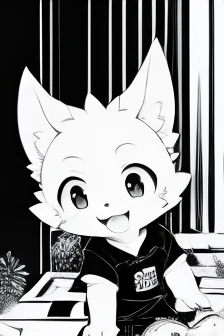 Black and White、Monochrome、whole body、Black shirt werewolf、cute、happy、meat、