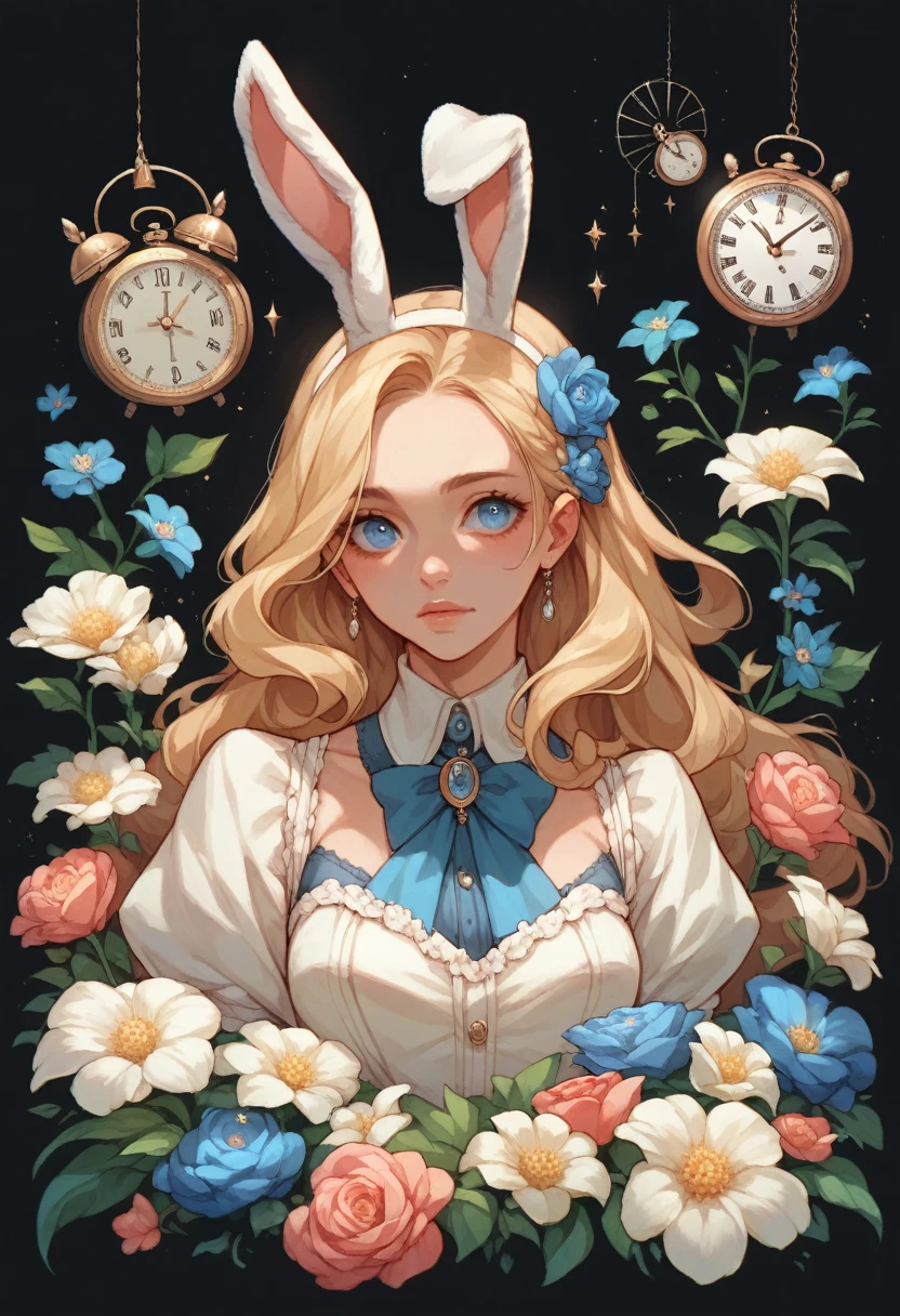 Beautiful blue eyes，Bunny ears，Similar to Alice，Black background，Clocks，Flowers，Half Body