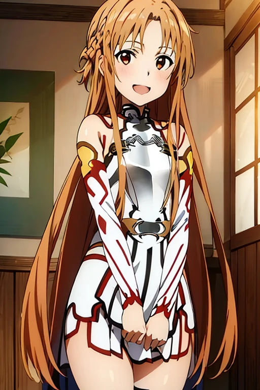 ((Best Quality)), ((masterpiece)), (be familiar with), Perfect Face, indoor, bedroom, Watching the audience,
One woman, Yuuki Asuna,
Open Mouth, Ecstatic expression, blush, smile,
Small breasts, Flat Chest, , , child, Girl,
Long Hair, Long Hair,
Leg spread,