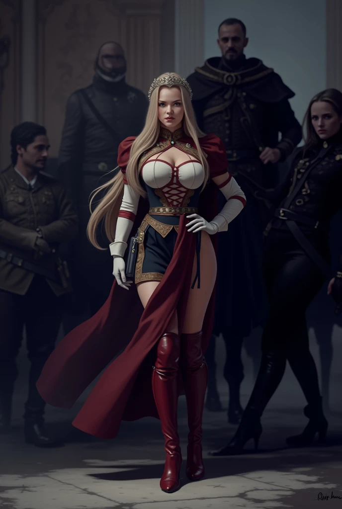 Two naked queens walking in a cave with a large number of soldiers behind them，Accompanied by a large number of soldiers，Holding a torch in your hand， And the genitals are visible raw，View above thigh，Exposed genitals and breasts are visible raw、blonde  hair，gargantilha，Wearing chains on the body，Wearing jewelry on the body，Wearing long boots，Long gloves，Equipped with golden ornaments，ultra gigantic tits、very big boobs、Glamorous body、long and thick thighs、Smiling with mouth wide open and teeth showing、beautiful smiling face、Beautiful and well-groomed face、Very beautiful woman、flawless beauty、A city crowded with spectators，Accompanied by a large number of naked men，