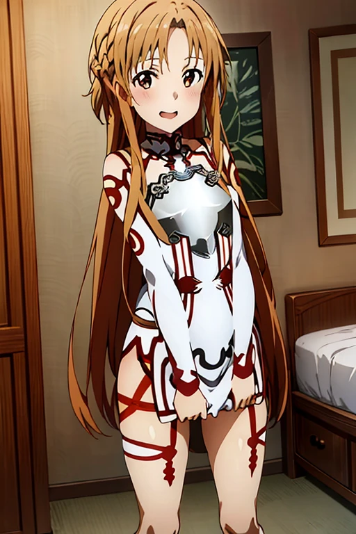 ((Best Quality)), ((masterpiece)), (be familiar with), Perfect Face, indoor, bedroom, Watching the audience,
One woman, Yuuki Asuna,
Open Mouth, Ecstatic expression, blush, smile,
Small breasts, Flat Chest, , , child, Girl,
Long Hair, Long Hair,
Leg spread,