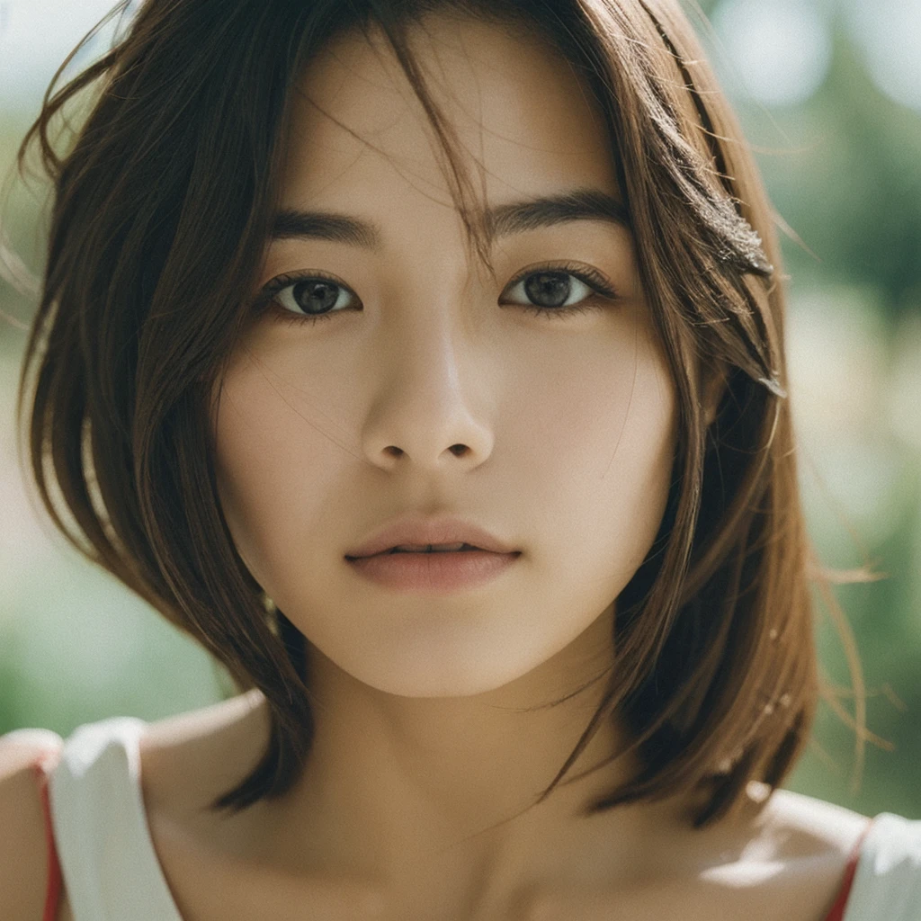 A hyper-realistic image of a single Japanese woman in her early 20s, captured with the nostalgic warmth and subtle graininess of a film camera. Her skin has a warm beige tone with a natural, slightly rough texture that includes visible pores, fine lines, and subtle imperfections such as small blemishes, adding to the authenticity of her appearance. The soft, diffused natural light enhances the film-like quality, casting gentle shadows that create a timeless, organic feel. Her straight, glossy black hair frames her face in a natural, slightly tousled manner, and her deep brown eyes reflect the ambient light, adding depth and emotion. The film camera effect introduces a slight grain and a softer focus, giving the image a warm, nostalgic atmosphere while maintaining the realistic texture of her skin. She is dressed simply, in a way that complements her natural beauty, with the overall composition designed to evoke a sense of genuine, understated elegance. The use of natural light, combined with the deliberately rougher texture of her skin and the film-like qualities, ensures that this image captures the imperfections that make her beauty truly lifelike, focusing solely on this one individual.