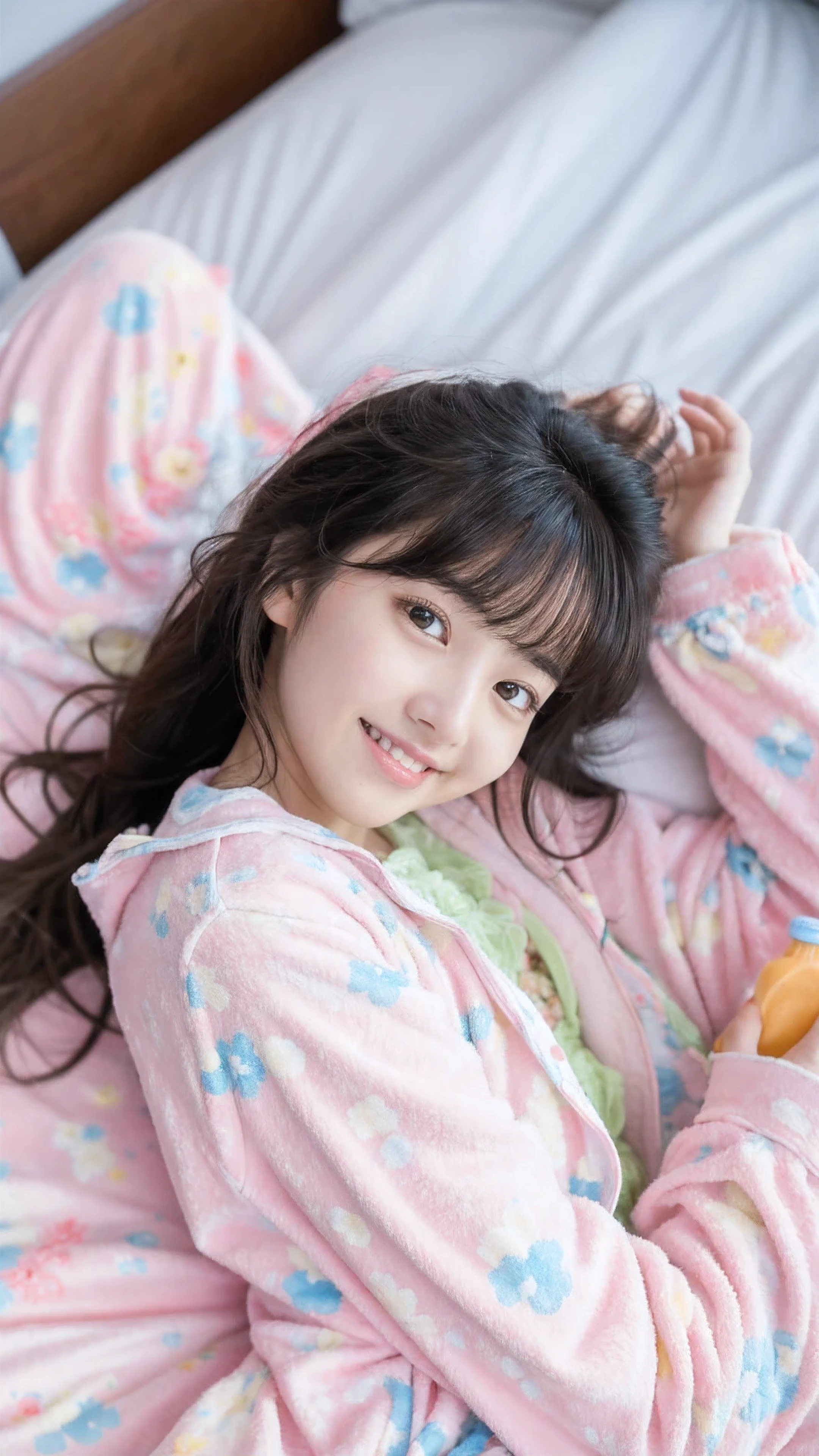 ulzzang -6500-v1.1, (Raw photo:1.2), (Photorealsitic), a beautiful detailed girl, (Real: 1.4), ((Cute pajamas、lie down in the room))、game_nffsw, huge filesize, hight resolution, ighly detailed, top-quality, [​masterpiece:1.6], illustratio, ighly detailed, nffsw, finely detail, top-quality, 8k wallpaper, Cinematographic lighting, 1girl in, , perfect body type, cute droopy eyes beautiful big eyes、Pieckfinger, ((masutepiece)), Best Quality, 1girl in, eye shadow,  Portrait, ((FULL BODYSHOT:1.4))、(Very affectionate smile:1.2)、realistic skin textures、shinny skin、