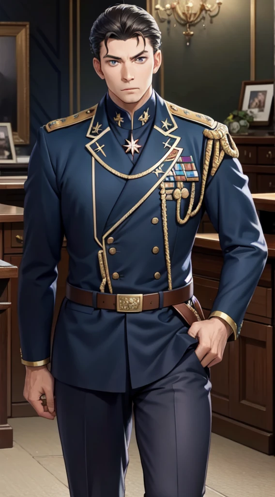 masterpiece，Best quality，illustration，lifelike，Photorealism，Facial details，Official Art，light，Tie military uniform（Guard of Honor），1 man，hansome，male，[[[［muscle］]],｛Big back hair style｝，Neat hair，Black hair，Short hair，Blue Eyes，serious，Looking at the audience
