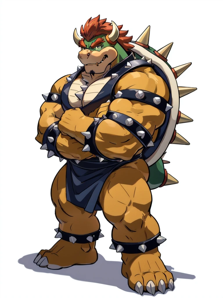 bowser, detailed bowser, 4k, high resolution, best quality, posted on e621, solo, male, masculine, pectorals, heavyweight, (white background, no background:1.1), (wfa style, meesh style:1.0), bowser anatomy, (detailed face, detailed eyes:1.0), (flat colors, cel shaded, cartoony shading:1.2), cartoony proportions, shiny skin, full body, short legs