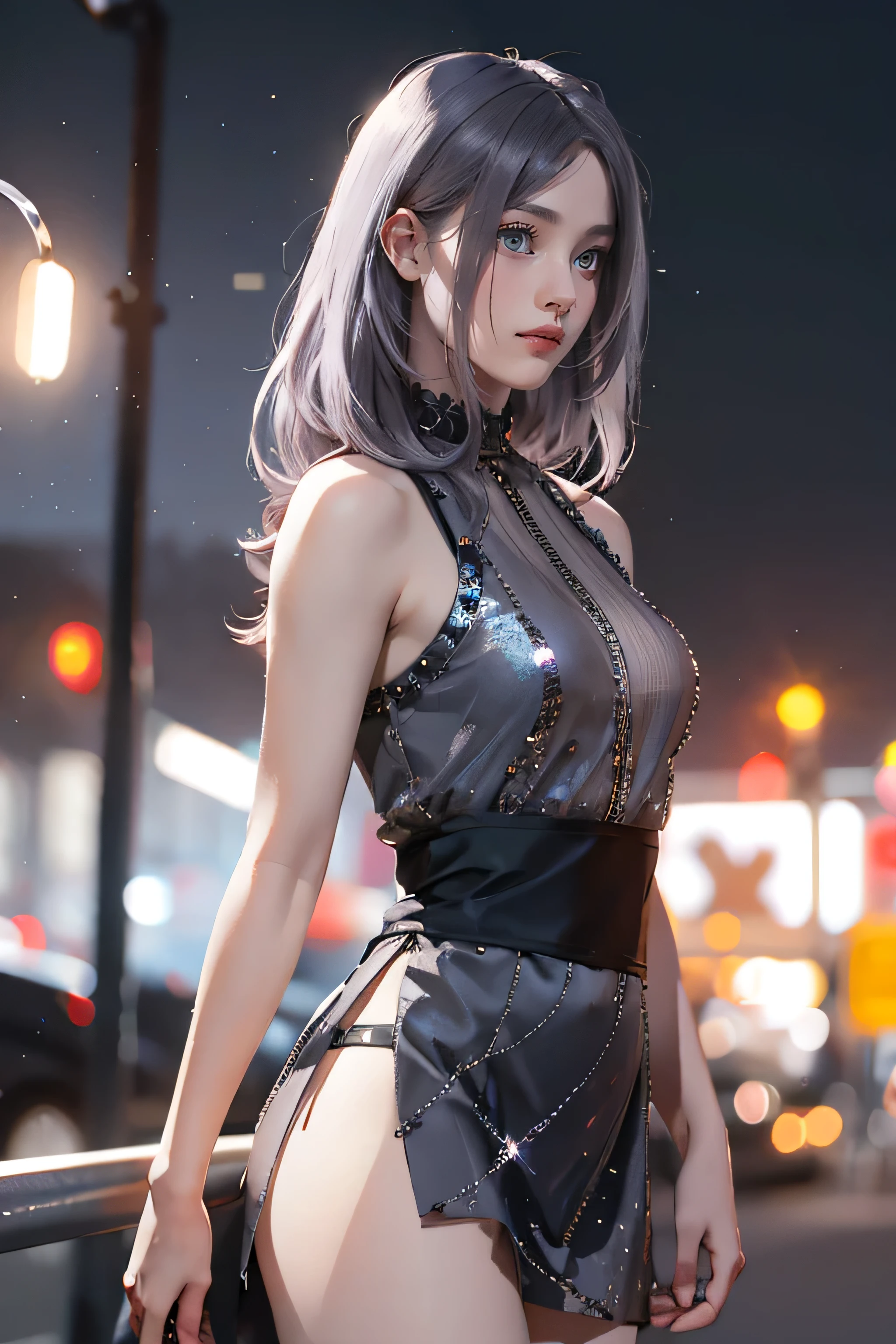 Highest quality, masterpiece, Ultra-high resolution, (Realistic:1.4), RAW Photos, Aesthetics and atmosphere, Dark Shot, Film Grain, Soft Focus, Bokeh, Night Shots, masterpiece realistic volumetric light,,One girl, Purple eyes, Gray Hair, Curly Hair, Grin, (freckles:0.8), thigh, Medium chest, Upper Body, (Sparkling:1.3) Sequined Mini CNS Dress, (panties),ray tracing reflection, Desert street, path, City lights, Beautiful sky, Relying on the wall, From the side,NSFW,Large Breasts, Small waist