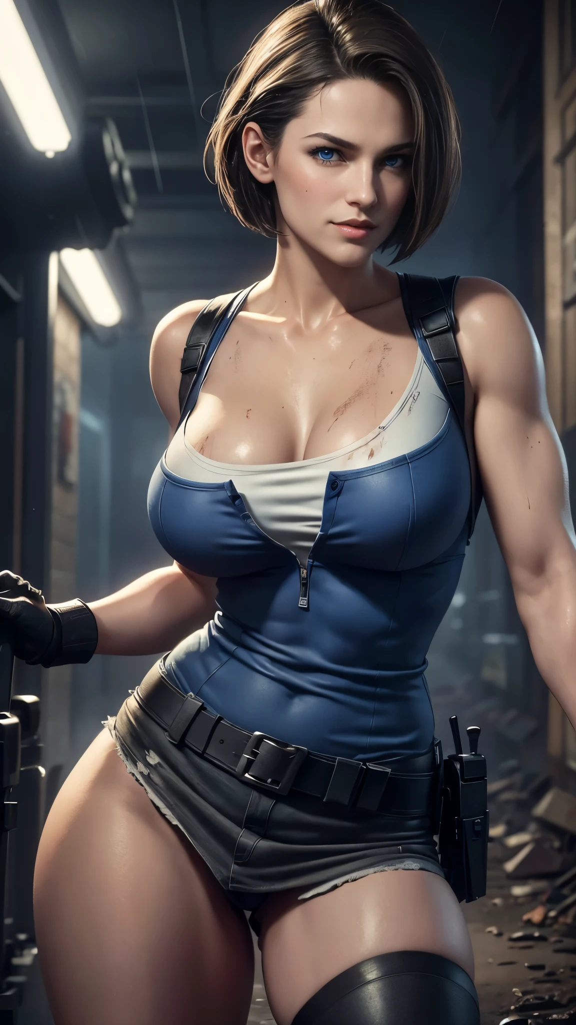 Jill Valentine da resident evil,(best qualityer,4K,8k,high resolution,work of art:1.2)(weather: rain), back alley background, city ruins, wide hips, thick thighs, short curly hair, brown hair, blue strapless leotard, tight black mini skirt, thigh high boots, harness, police gear, garter belt, stretching out pose, ultra detailed,portrait,realistic,beautiful detailed blue eyes, beautiful detailed lips,extremely detailed eye and face, long eyelashes,average, medium breasts,flying hair,beaming smile, sexy smile,powerful girl, bright coloured, dramatic lighting, torn clothes, muddy body,
