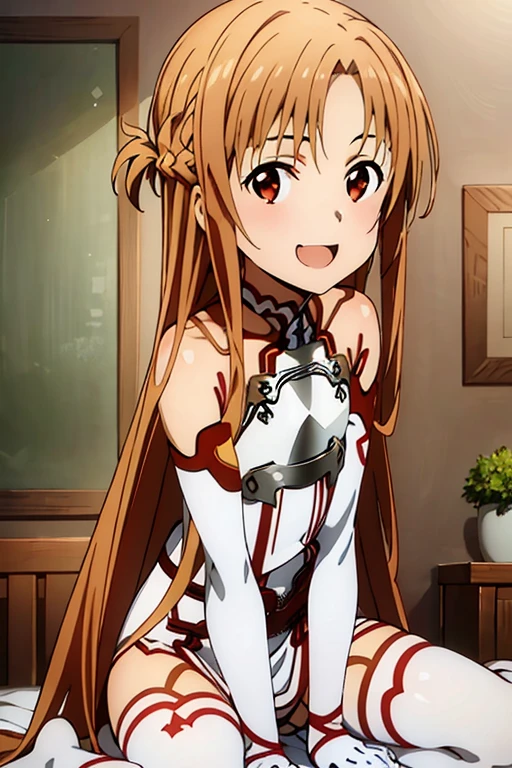 ((Best Quality)), ((masterpiece)), (be familiar with), Perfect Face, indoor, bedroom, Watching the audience,
One woman, Yuuki Asuna,
Open Mouth, Ecstatic expression, blush, smile,
Small breasts, Flat Chest, , , child, Girl,
Long Hair, Long Hair,
Leg spread,