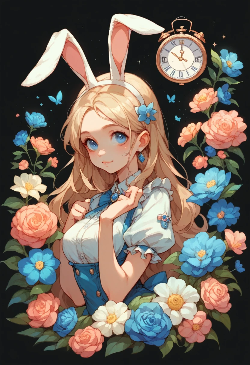 Beautiful blue eyes，Bunny ears，Similar to Alice，Black background，Clocks，Flowers，Half Body，Cute face