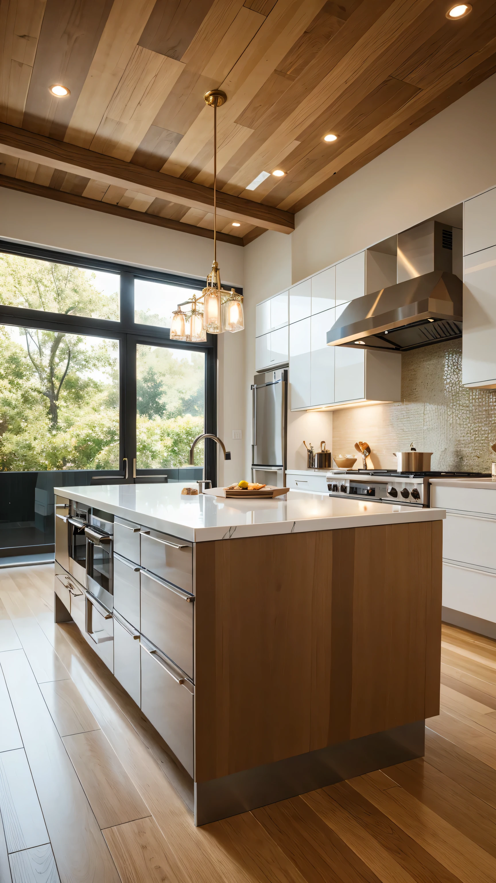 The mansion's gourmet kitchen, featuring a massive marble island in the center, surrounded by sleek, white high-gloss cabinets and stainless steel appliances. Gold fixtures and a large, modern chandelier add a touch of opulence. The floor is made of polished oak, and the space is filled with natural light streaming in through floor-to-ceiling windows that overlook the lush garden. The kitchen balances cutting-edge technology with elegant design. (Ultra-modern, bright and luxurious, 8k)