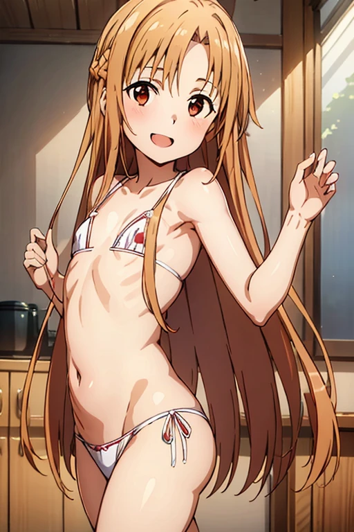 ((Best Quality)), ((masterpiece)), (be familiar with), Perfect Face, indoor, bedroom, Watching the audience,
One woman, Yuuki Asuna,
Open Mouth, Ecstatic expression, blush, smile,
Small breasts, Flat Chest, , , child, Girl,
Long Hair, Long Hair,
Leg spread,